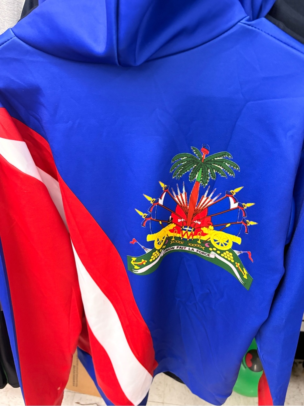 Blue Hoodie with Colorful Crest and Red-White SleeveHaiti pullover hoodie